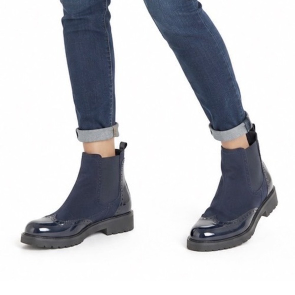 Marco Tozzi Navy‎ Blue Patent Wingtip Chelsea Ankle Boots 10 Winter Chic 43-16